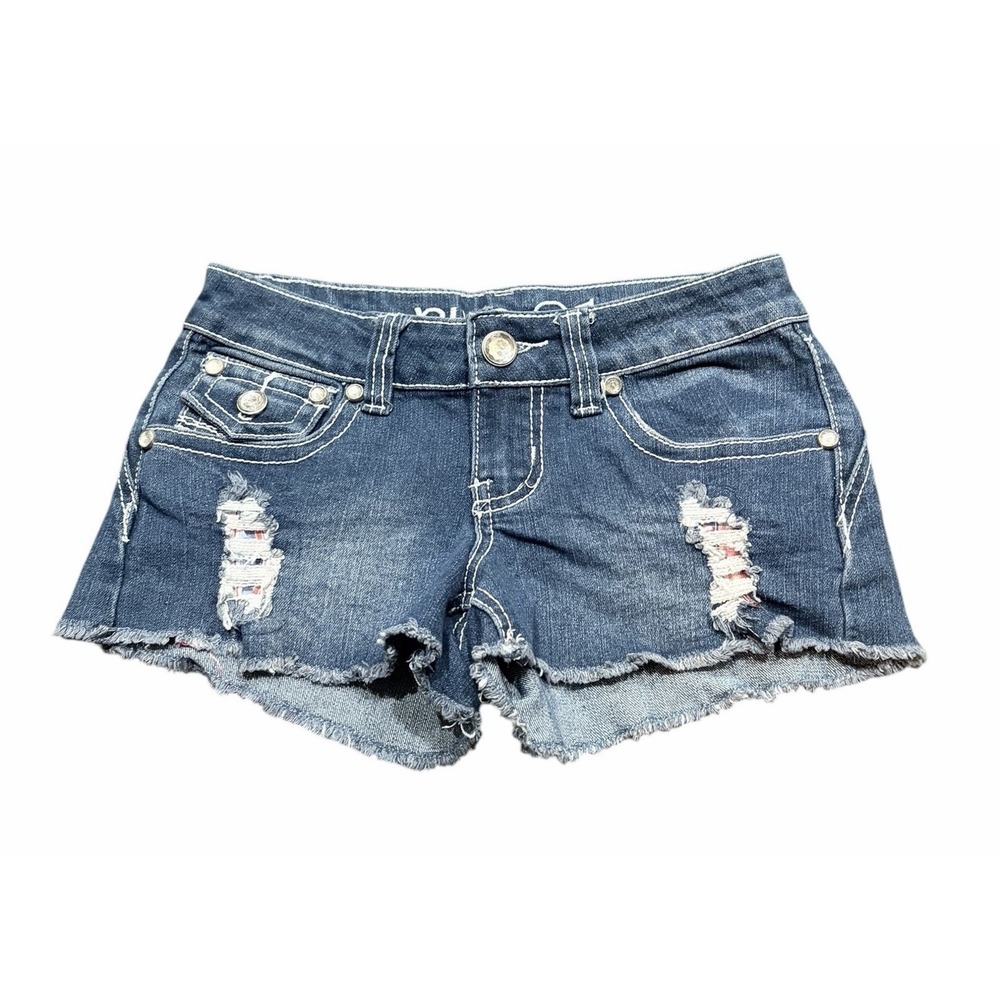 VTG Rue 21 Womens Low Rise Denim Shorts Sz 0/1 Frayed Hem Plaid Pocket Micro
